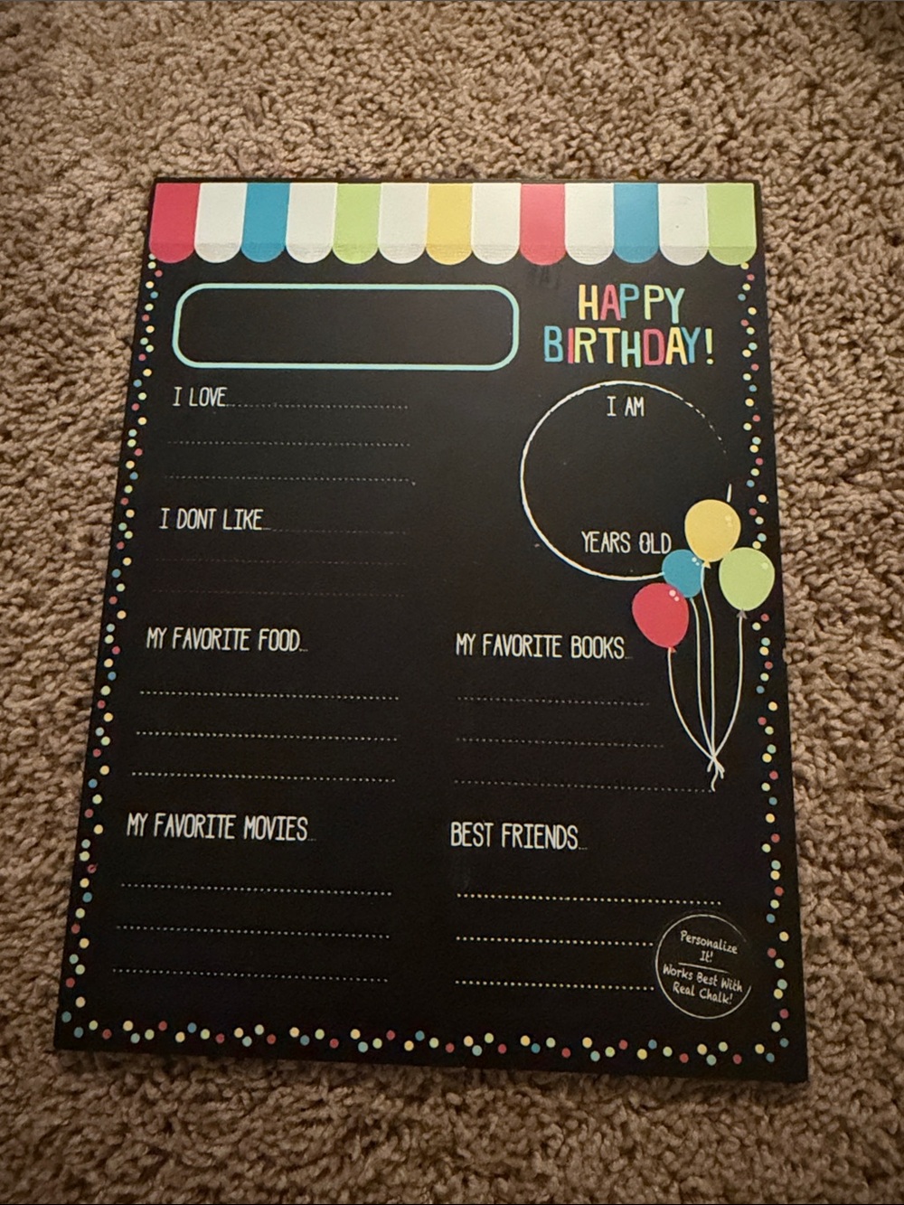 Personalizable Black Birthday Chalkboard Sign with Bright Multicolor Accents